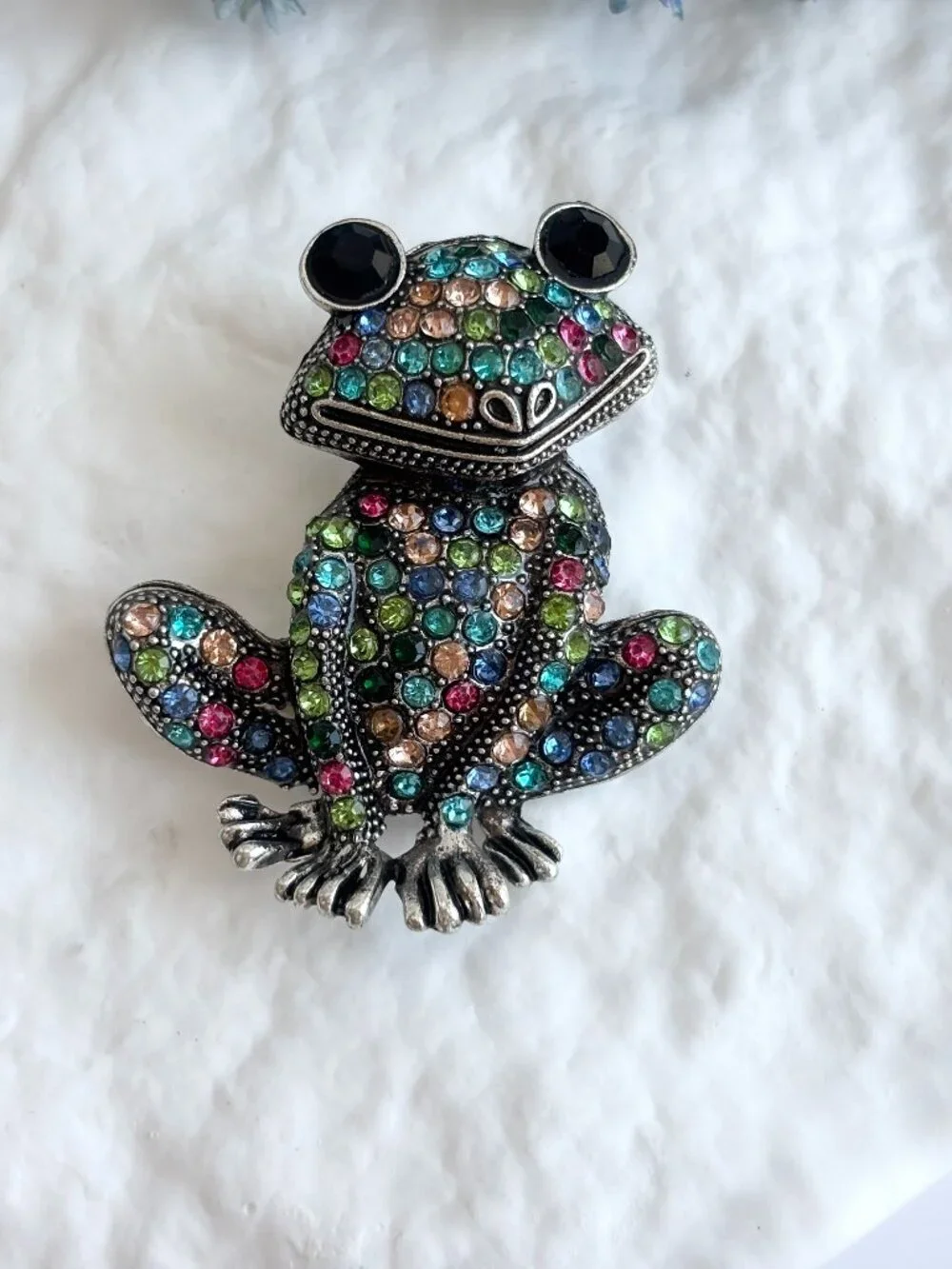 Frog Figural Rainbow Rhinestone Silver Toned Vintage Inspired Brooch Pin